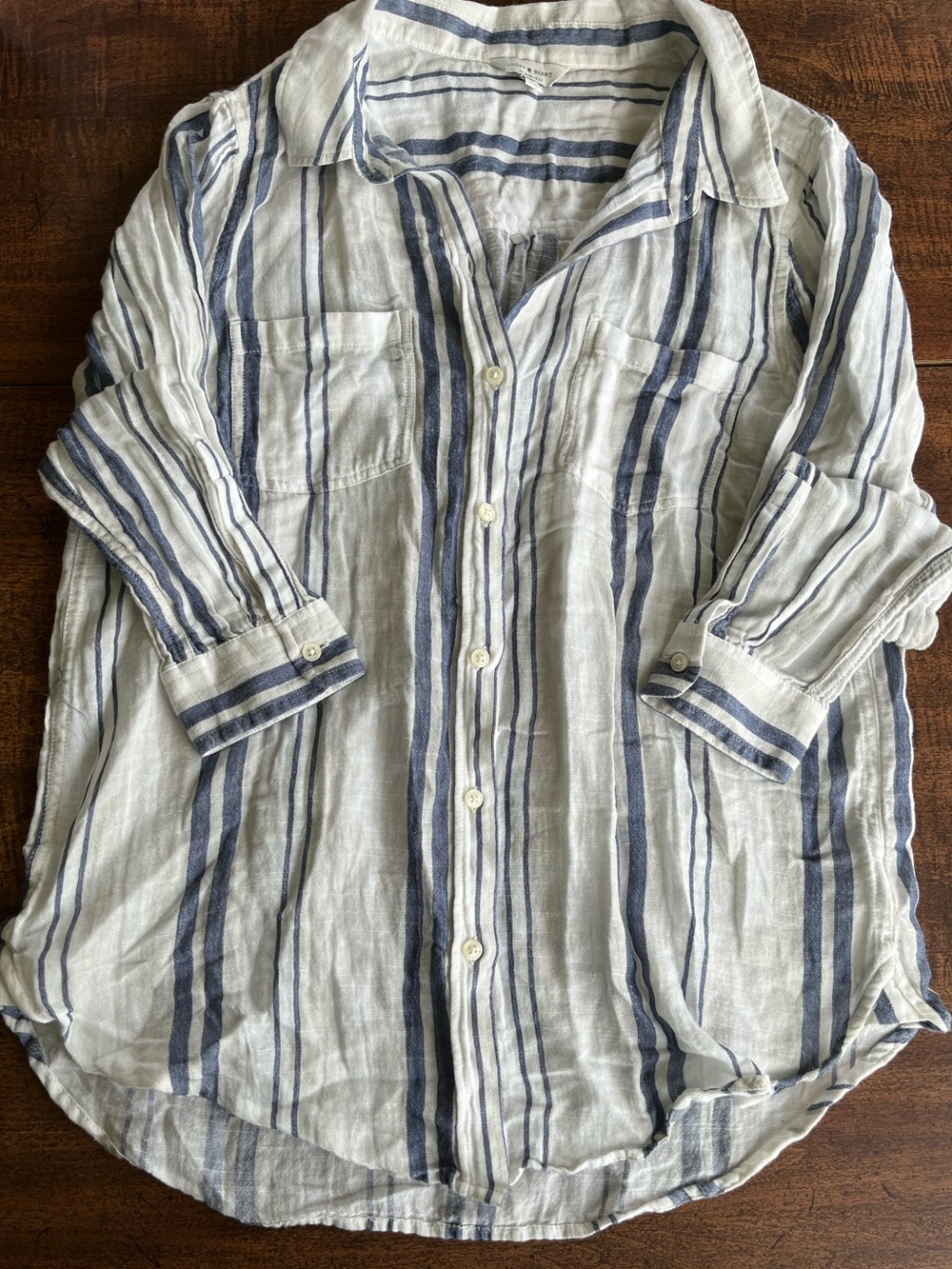 Lucky Brand Women’s Med Striped Button Front Shirt Blue White Cotton Modal Long